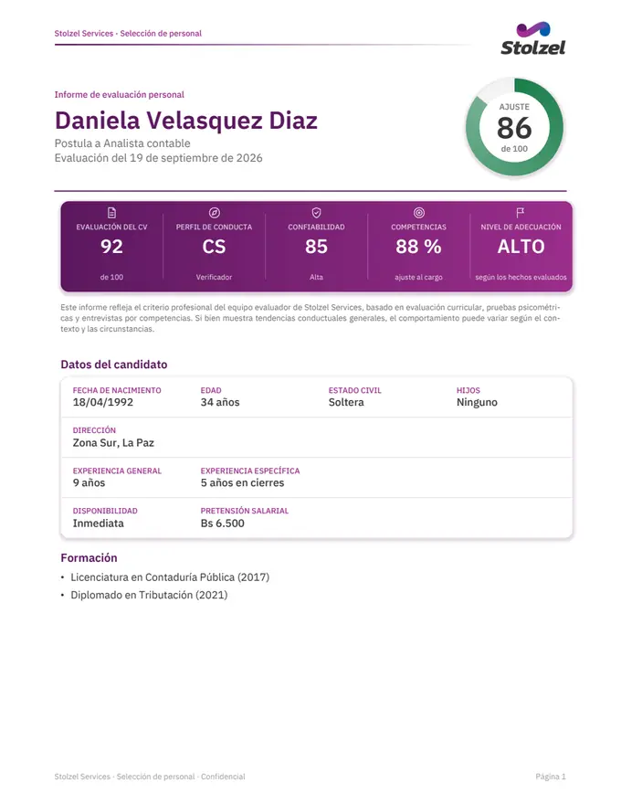 Portada del informe: ajuste de 86 sobre 100, evaluación del CV 92, perfil de conducta, confiabilidad 85 y nivel de adecuación alto.