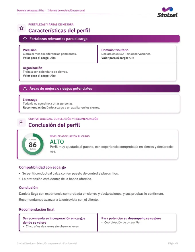 Características del perfil: fortalezas, áreas de mejora, conclusión con nivel alto y recomendación final.